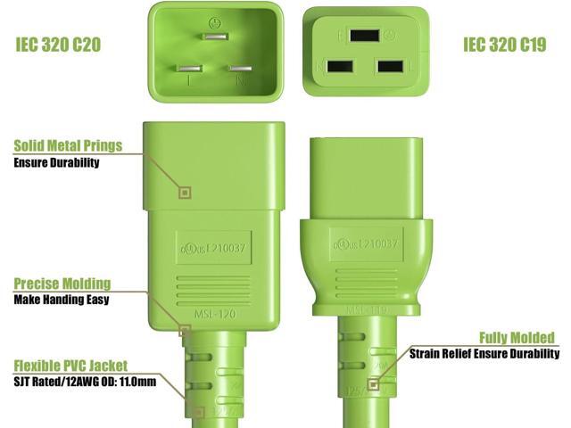 CableLeader 8ft 12 AWG Heavy Duty Power Cord IEC320 C20 to IEC320 C19, 20A 250V, Extension Cable for PDUs, UPS Systems & Servers, Green