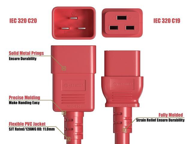CableLeader 3ft 12 AWG Heavy Duty Power Cord IEC320 C20 to IEC320 C19, 20A 250V, Extension Cable for PDUs, UPS Systems & Servers, Red