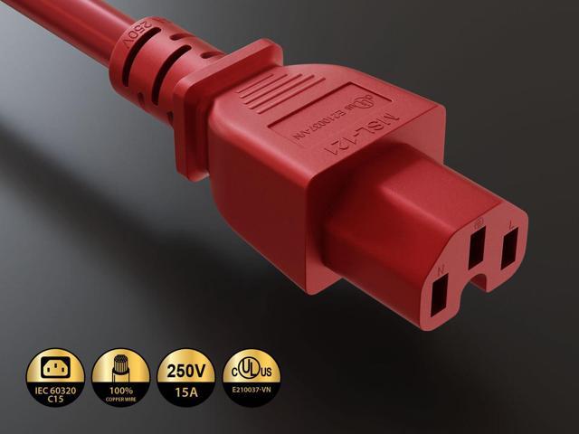 CableLeader 8ft IEC-60320 C14 to C15 PDU Server Power Cord 14AWG 15A/250V SJT, Red