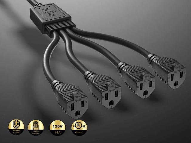 CableLeader 20in 1x NEMA 5-15P to 4 x NEMA 5-15R Power Extension Cord Splitter Cable 14 AWG