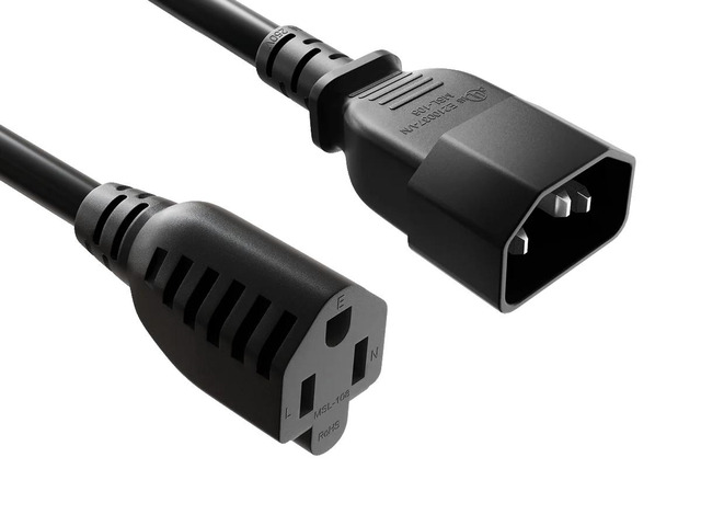 Cable Leader 2ft NEMA C14 to 5-15R Power Extension Cord, 18 AWG SJT 10A/125V, Black - 3 Prong Grounded Indoor Extension Cable for Computer,...
