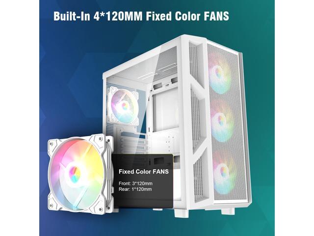 Ruix CV103 White Color USB3.0 Tempered Glass Side Panel Mid Tower ATX Gaming Computer Case With Fixed Rainbow Fans X4 Pre-installed With Mesh
