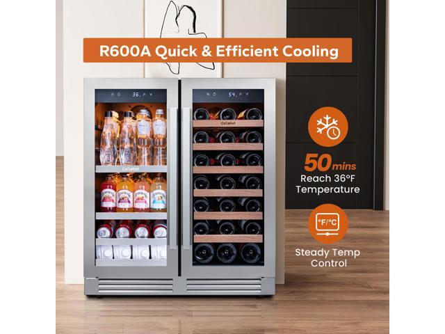 Ca'Lefort 30 Inch Wine and Beverage Refrigerator - 80 Can and 33 Bottle French Door Wine Fridge with 3 LED Lights, Dual Zone Glass Door, Built-in...