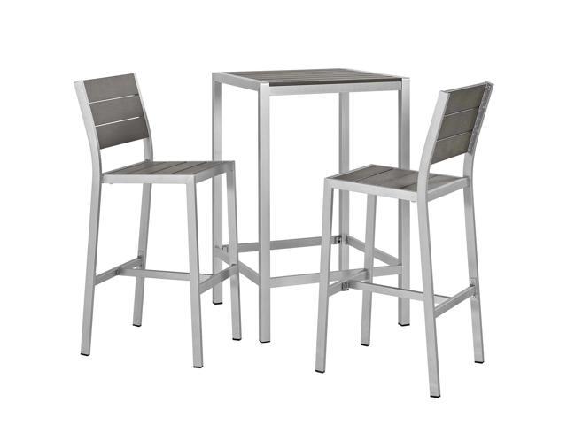 Shore 3 Piece Outdoor Patio Aluminum Pub Set Silver Gray EEI-3158-SLV-GRY-SET