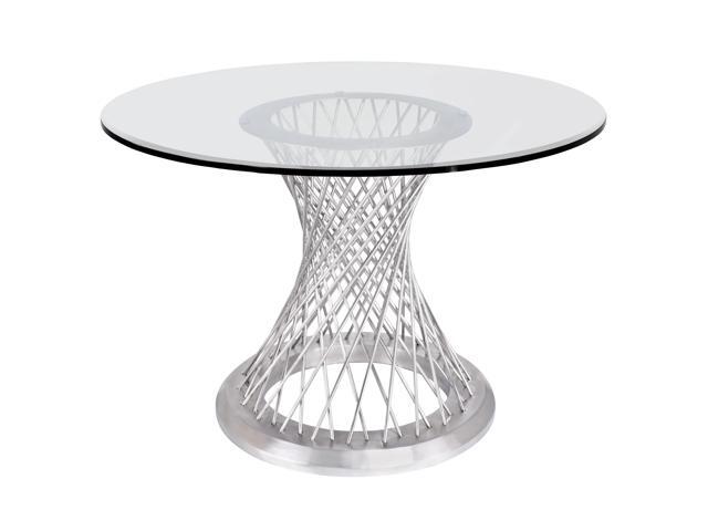 Calypso Contemporary Dining Table in Brushed Stainless Steel with Clear Tempered Glass Top