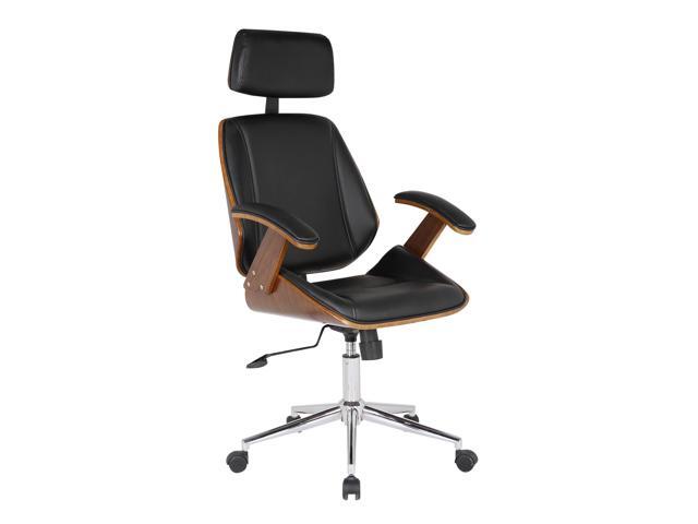 Century Office Chair with Multifunctional Mechanism in Chrome finish with Black Faux Leather and Walnut Veneer Back