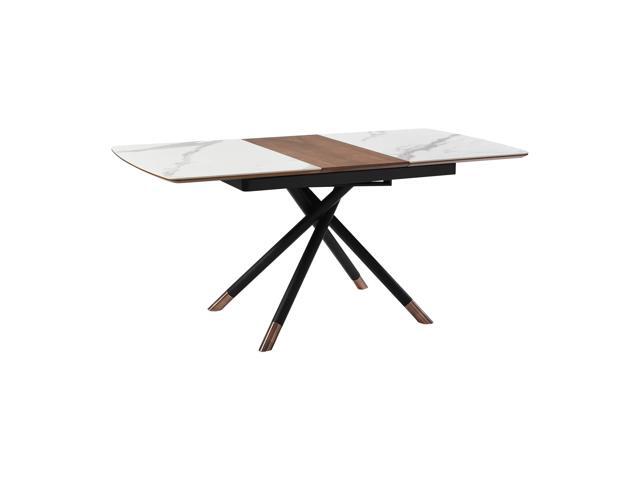 Alora Extendable Dining Table with Light Gray Ceramic and Wood Top and Metal Legs