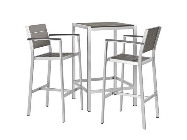 Shore 3 Piece Outdoor Patio Aluminum Pub Set Silver Gray EEI-3157-SLV-GRY-SET