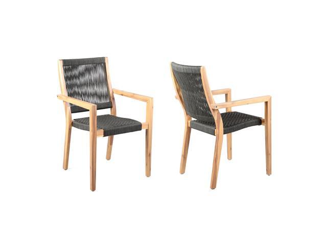 Madsen Outdoor Eucalyptus Wood and Charcoal Rope Dining Chairs with Teak Finish - Set of 2