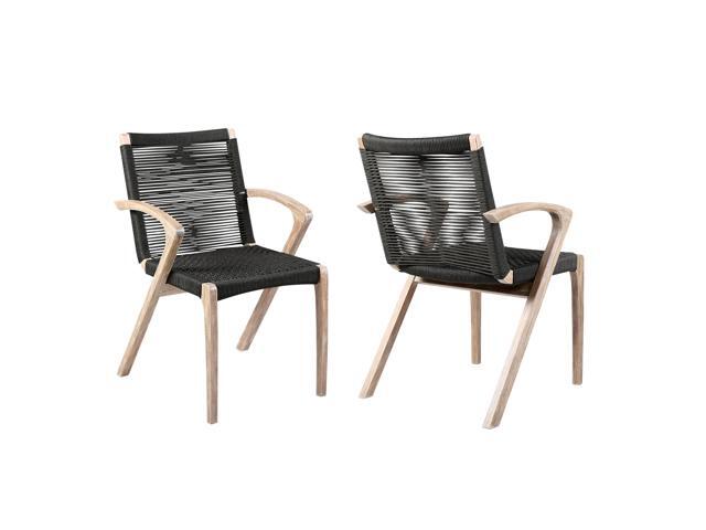 Nabila Outdoor Light Eucalyptus Wood and Charcoal Rope Dining Chairs - Set of 2