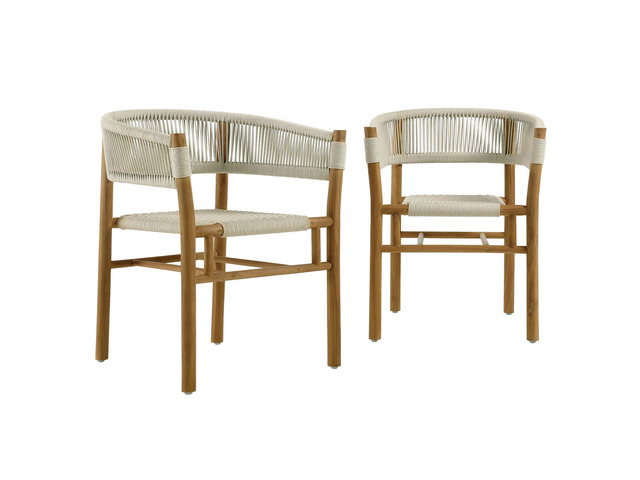 Vienna Outdoor Patio Teak and Rope Curved-Back Dining Armchairs Set of 2