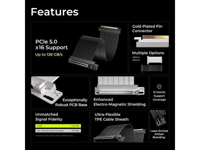 TRYX String PCIE 5.0 x 16 Riser Cable 200mm 128GB/s Vertical Graphic Card/GPU Mount Flexible PCIE 4.0 Support Near-Zero Signal Loss with EMI Shield...