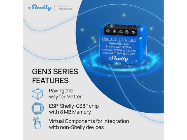 Shelly 1 Mini Gen3 Wi-Fi & Bluetooth Smart Relay Switch 1 channel 8A Compatible with Alexa & Google Home Dry Contacts No Hub Required