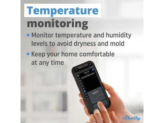 Shelly H & T WiFi-Operated Smart Humidity and Temperature Sensor No Hub required 1 year-life battery iOS & Android App Home Automation Black