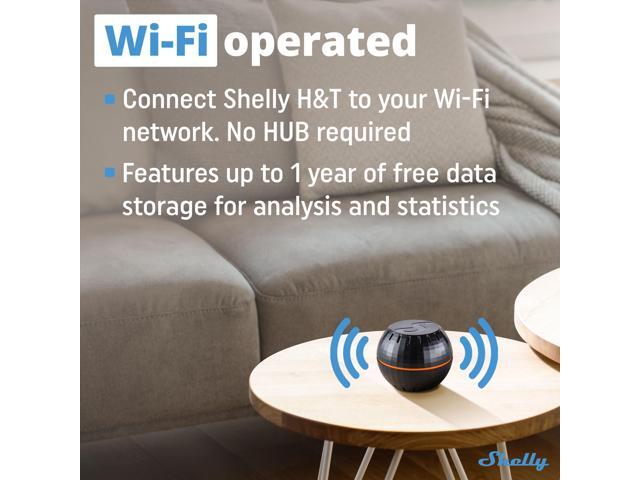 Shelly H & T WiFi-Operated Smart Humidity and Temperature Sensor No Hub required 1 year-life battery iOS & Android App Home Automation Black