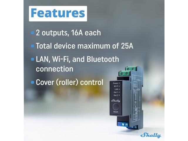 Shelly Pro 2PM Wi-Fi, Bluetooth & LAN Professional 2-channels DIN rail smart relay up to 25A with power metering Compatible with Google...
