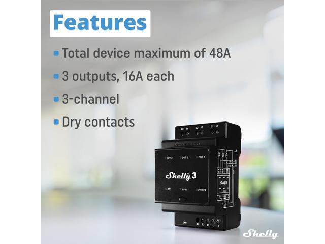 Shelly Pro 3 Professional 3-channels DIN rail smart relay switch up to 48A Wi-Fi, Bluetooth & LAN Compatible with Google Home & Alexa iOS...
