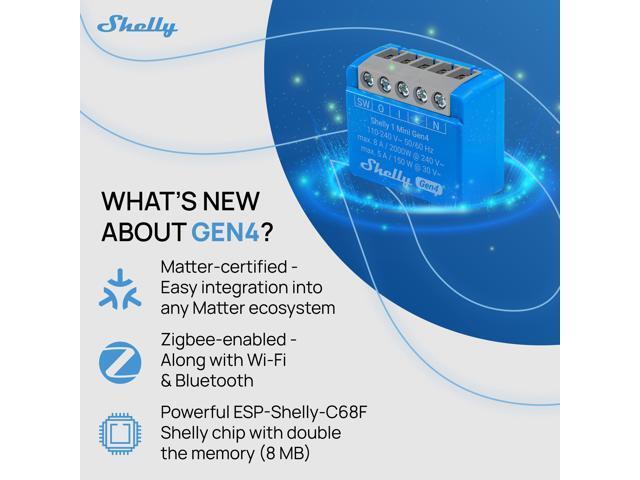 Shelly 1 Mini Gen4 Wi-Fi & Bluetooth Smart Relay Switch 1 channel 8A Compatible with Alexa & Google Home Dry Contacts No Hub Required 2 pack
