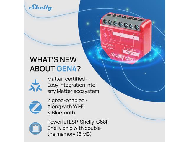Shelly 1PM Gen4 Smart Relay Switch with Power Metering WiFi, Bluetooth & Zigbee 1-Channel 16A Compatible with Alexa & Google Home iOS &...