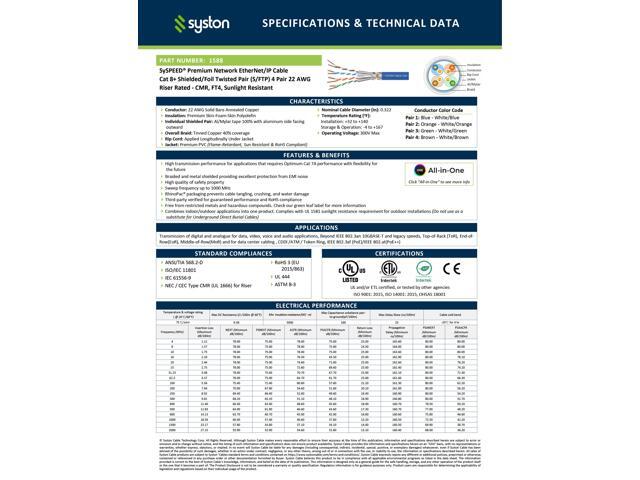 SYSTON CABLE TECHNOLOGY CAT 8 Ethernet Bulk Cable, 2000MHz, 22/4pr Solid CU, CMR, Indoor/Outdoor 20 ft. White