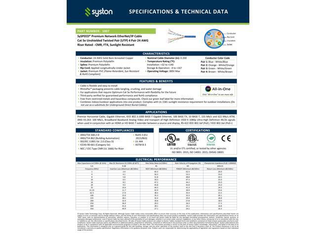 Syston Cable Technology CAT 5E Ethernet Bulk Cable,350MHz,24/4pr Solid Copper,CMR,Indoor/Outdoor,100 ft. Gray