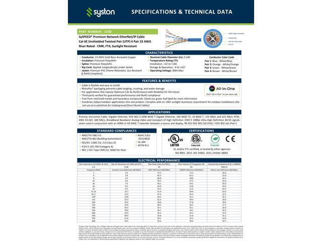 SYSTON CABLE TECHNOLOGY CAT 6E Ethernet Bulk Cable, 600MHz, 23/4pr Solid CU, CMR, Indoor/Outdoor 100 ft. Blue