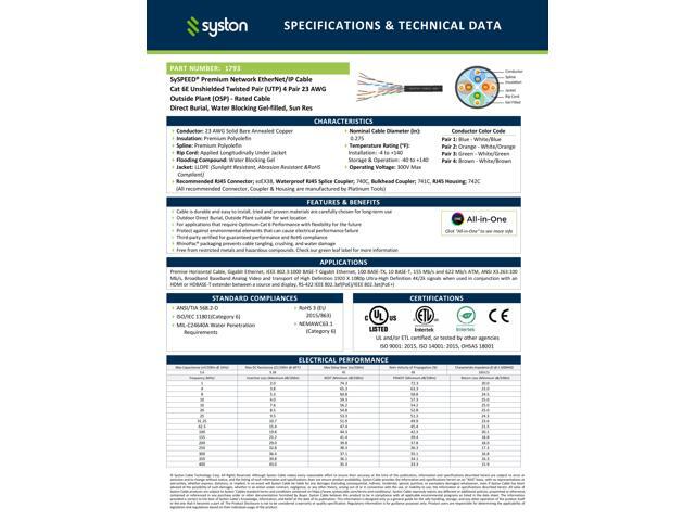 SYSTON CABLE TECHNOLOGY CAT 6E Ethernet Bulk Cable, Direct Burial, 600 MHz, 23/4pr Solid CU, Outdoor 250 ft.