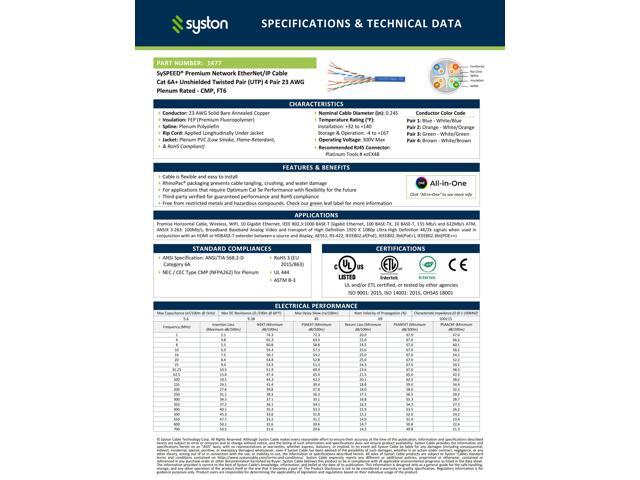 SYSTON CABLE TECHNOLOGY Cat 6A+ Ethernet Bulk Cable, 700MHz, 23/4pr Solid CU, CMP, Indoor/Outdoor 100 ft. White