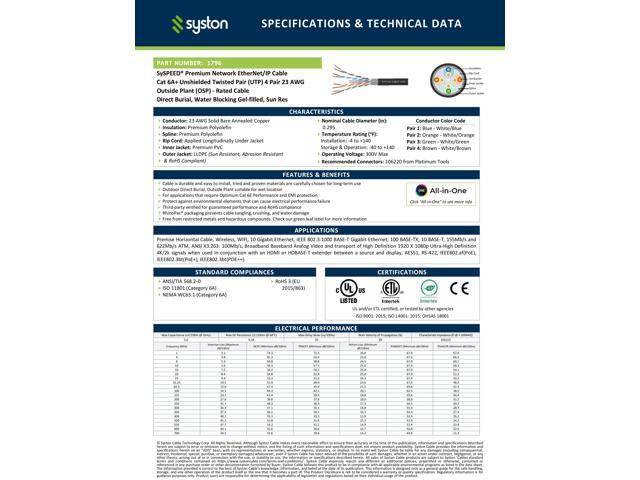 SYSTON CABLE TECHNOLOGY CAT 6A+ Ethernet Bulk Cable, Direct Burial, 700 MHz, 23/4pr Solid CU, Outdoor 500 ft.