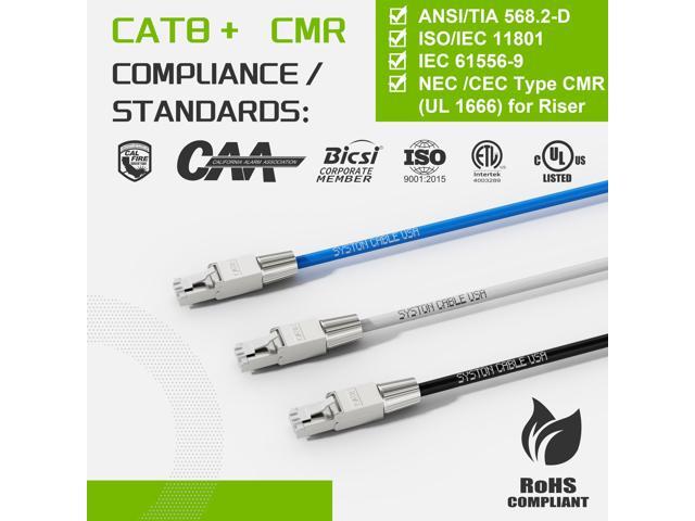 SYSTON CABLE TECHNOLOGY Cat8 Ethernet Cable Patch 2000MHz 2GHz 40GB Solid Bare Copper S/FTP Braided Shielded, 22/4 22 AWG 4 Pair CMR CL2R FT4,...