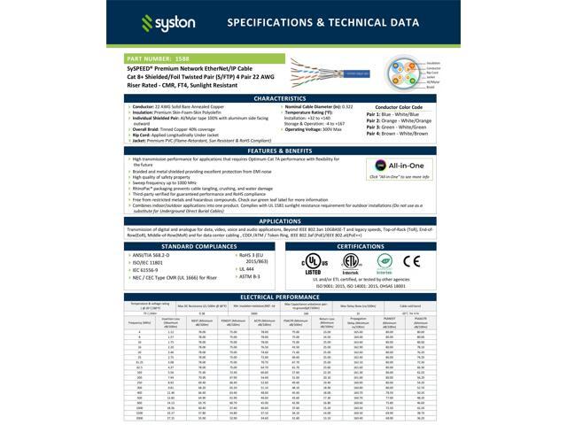SYSTON CABLE TECHNOLOGY Cat8 Ethernet Cable Patch 2000MHz 2GHz 40GB Solid Bare Copper S/FTP Braided Shielded, 22/4 22 AWG 4 Pair CMR CL2R FT4,...