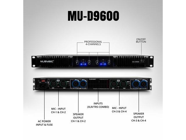 MUSYSIC MUD9600 Professional 4Channel Power Amplifier, 4×1000W @ 4, MultiMode Operation (Stereo/Parallel/Bridge), LPF for Subwoofers, XLR Inputs,...