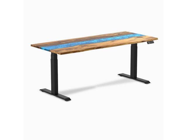 Desky Dual Resin Hardwood Sit Stand Desk - Teak Blue River / 72 x 30 inches / Matte Black