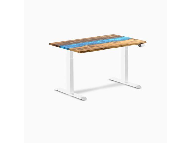 Desky Dual Resin Hardwood Sit Stand Desk - Teak Blue River / 48 x 30 inches / White