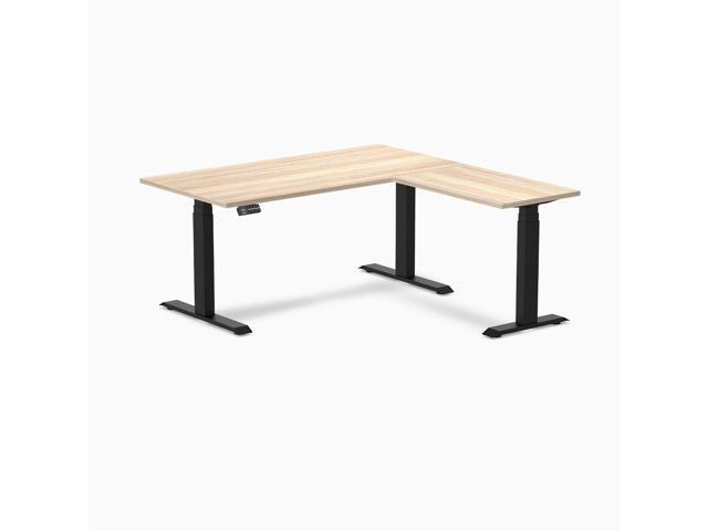 Desky L-Shape Laminate Sit Stand Desk - Classic Oak / 59 x 29.5 x 61.5 x 20 in / Matte Black