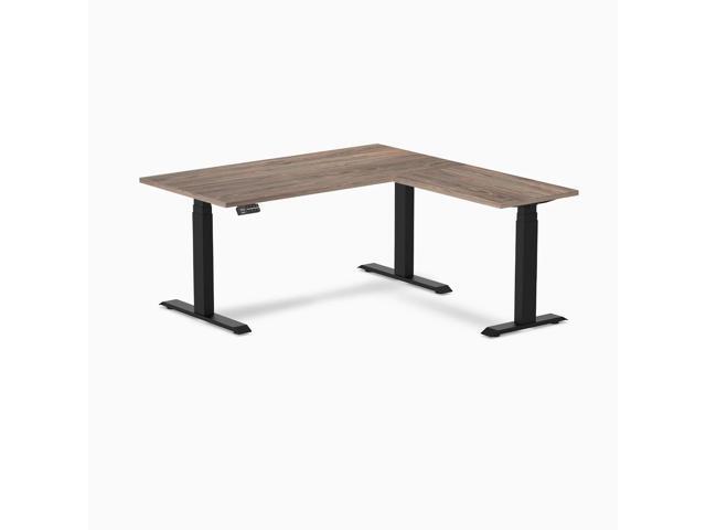 Desky L-Shape Laminate Sit Stand Desk - Natural Walnut / 59 x 29.5 x 61.5 x 20 in / Matte Black