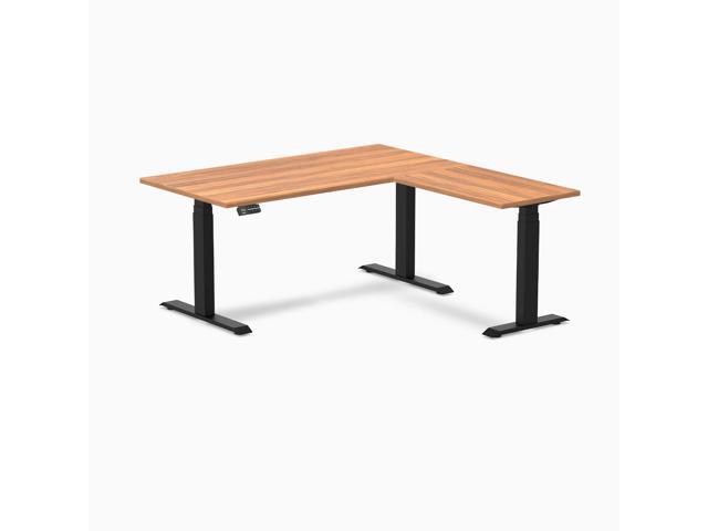 Desky L-Shape Laminate Sit Stand Desk - Prime Oak / 59 x 29.5 x 61.5 x 20 in / Matte Black