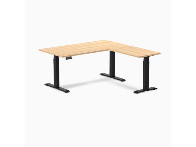 Desky L-Shape Laminate Sit Stand Desk - Sublime Teak / 59 x 29.5 x 61.5 x 20 in / Matte Black