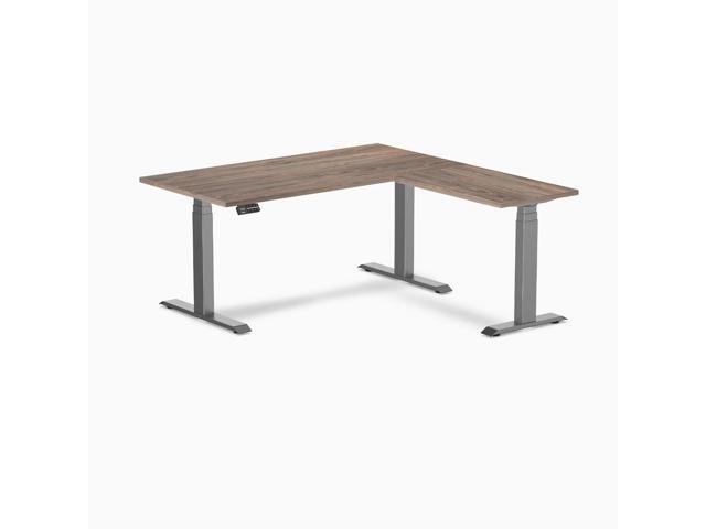 Desky Eco L-Shape Laminate Sit Stand Desk - Natural Walnut / 59 x 29.5 x 61.5 x 20 in / Space Gray