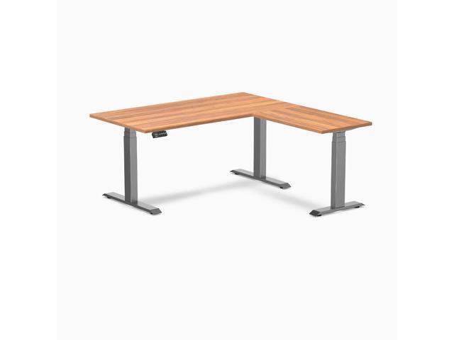 Desky Eco L-Shape Laminate Sit Stand Desk - Prime Oak / 59 x 29.5 x 61.5 x 20 in / Space Gray