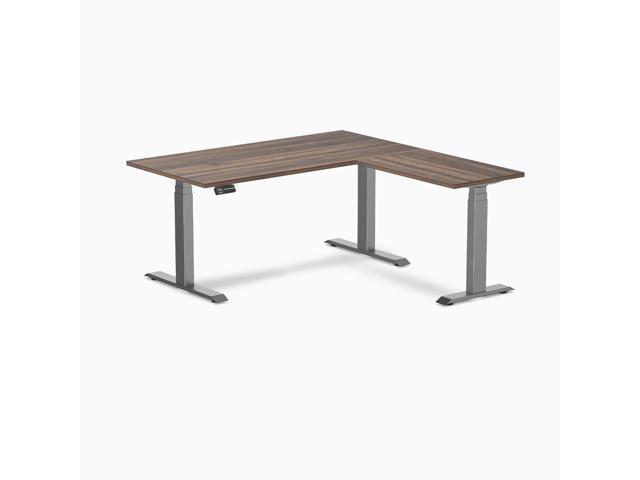 Desky Eco L-Shape Laminate Sit Stand Desk - Jarrah Legno / 59 x 29.5 x 61.5 x 20 in / Space Gray