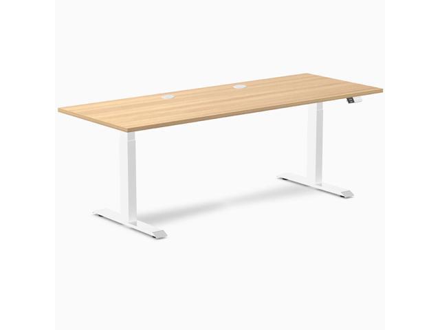 Desky Dual Laminate Sit Stand Desk - Sublime Teak / 78.7 x 29.5 in with Grommets / White