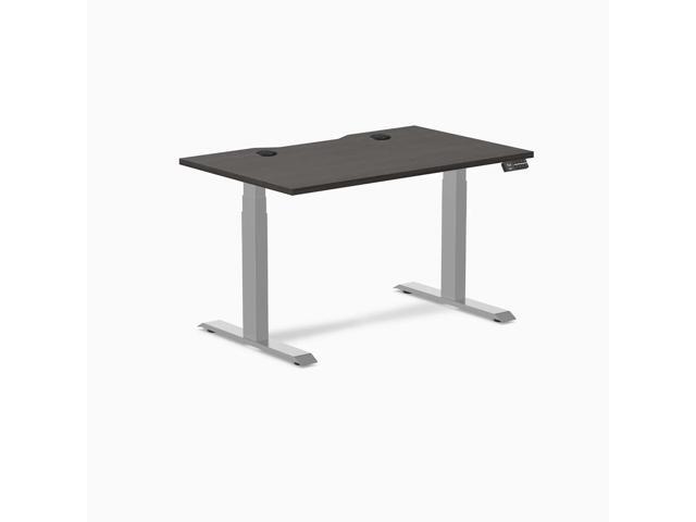 Desky Dual Scalloped Laminate Sit Stand Desk - Burnished Wood / 47.2 x 29.5 in with Grommets / Gray