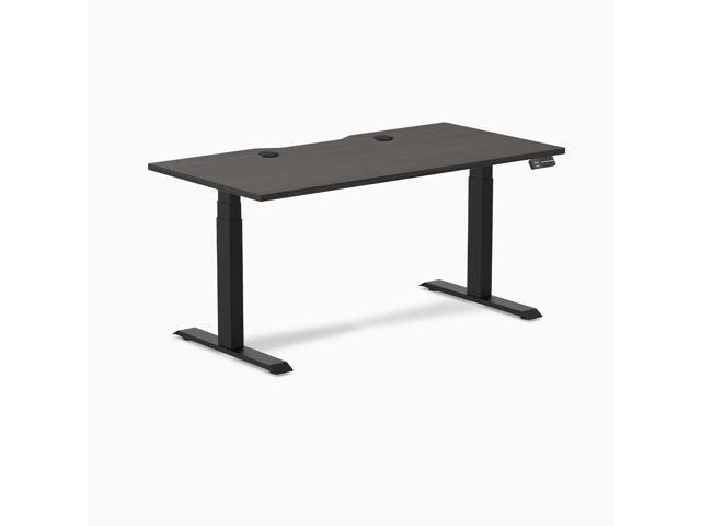 Desky Dual Scalloped Laminate Sit Stand Desk - Burnished Wood / 59.1 x 29.5 in with Grommets / Matte Black