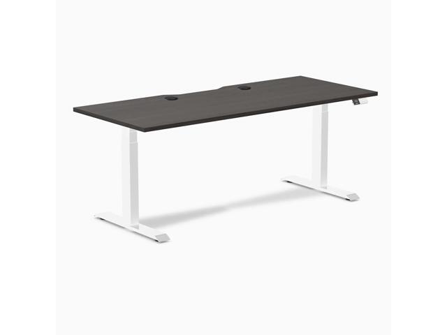 Desky Dual Scalloped Laminate Sit Stand Desk - Burnished Wood / 70.9 x 29.5 in with Grommets / White