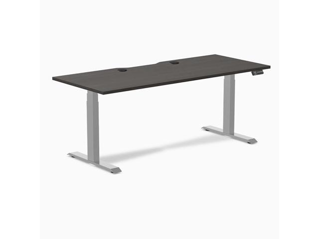 Desky Dual Scalloped Laminate Sit Stand Desk - Burnished Wood / 70.9 x 29.5 in with Grommets / Gray