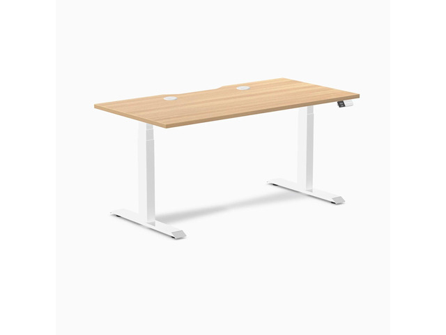 Desky Dual Scalloped Laminate Sit Stand Desk - Sublime Teak / 59.1 x 29.5 in with Grommets / White
