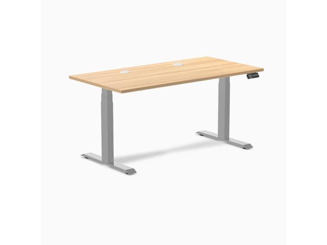 Desky Dual Scalloped Laminate Sit Stand Desk - Sublime Teak / 59.1 x 29.5 in with Grommets / Gray