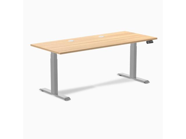 Desky Dual Scalloped Laminate Sit Stand Desk - Sublime Teak / 70.9 x 29.5 in with Grommets / Gray