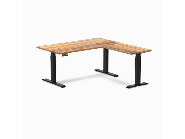 Desky Hardwood L-Shape Sit Stand Desk - Teak / 60 x 30 x 62 x 20 in / Matte Black